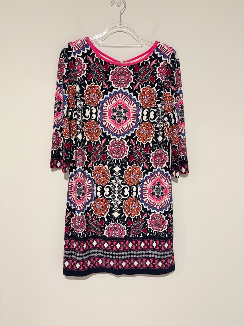 Eliza J Womens Multicolor Abstract 3/4 Sleeve Round Neck Shift Dress Size 12P